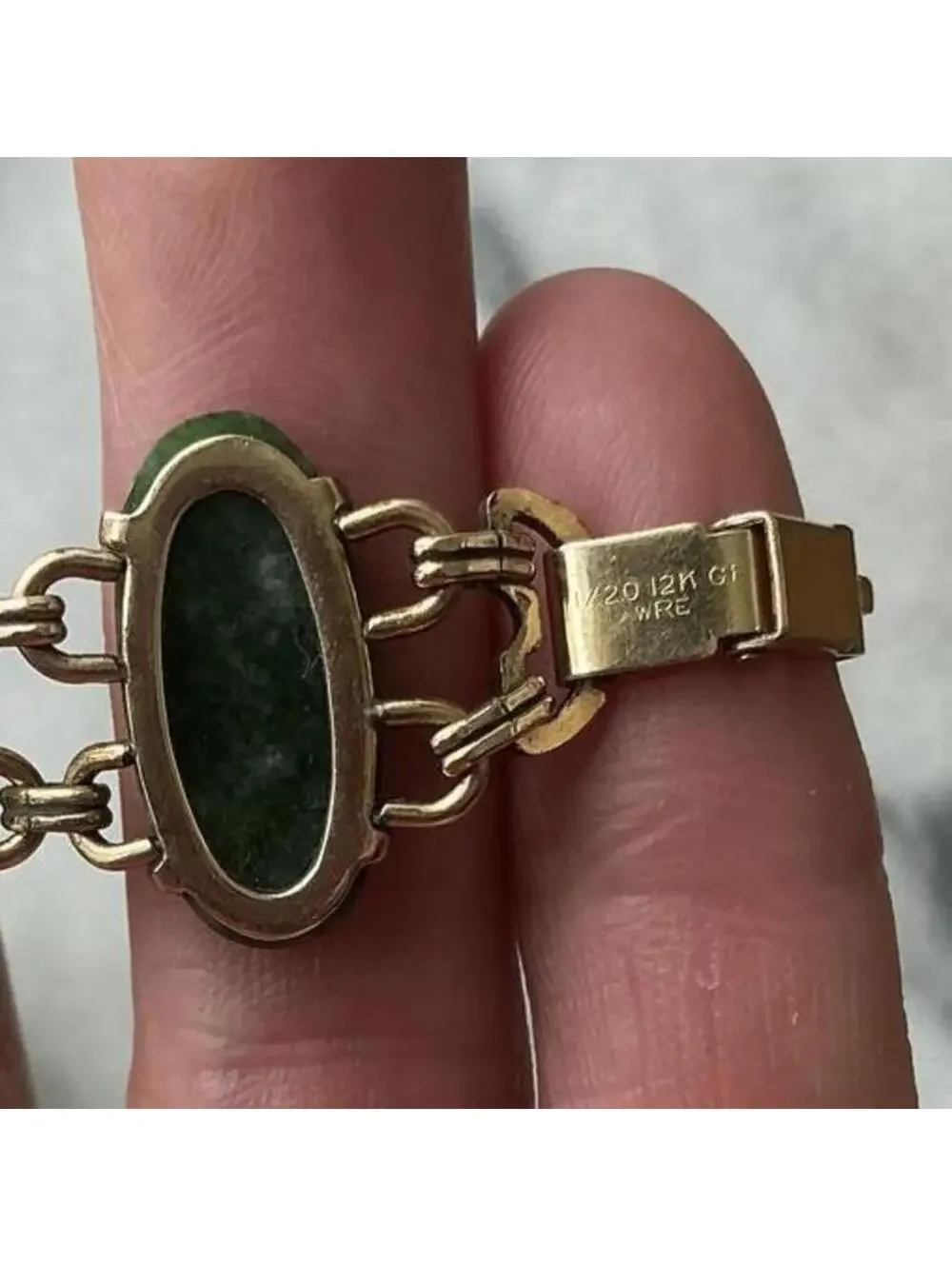 Vintage Nephrite Jade Cabochon Link 12K Gold Filled WRE Bracelet